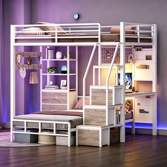 Twin Over Twin L Shaped Bunk Bed with Built-in Desk, 6 Storage Drawers, LED Light & Charging Station, Staircase & Safety Guardrail, Space Saving White Metal Loft Bed Frame