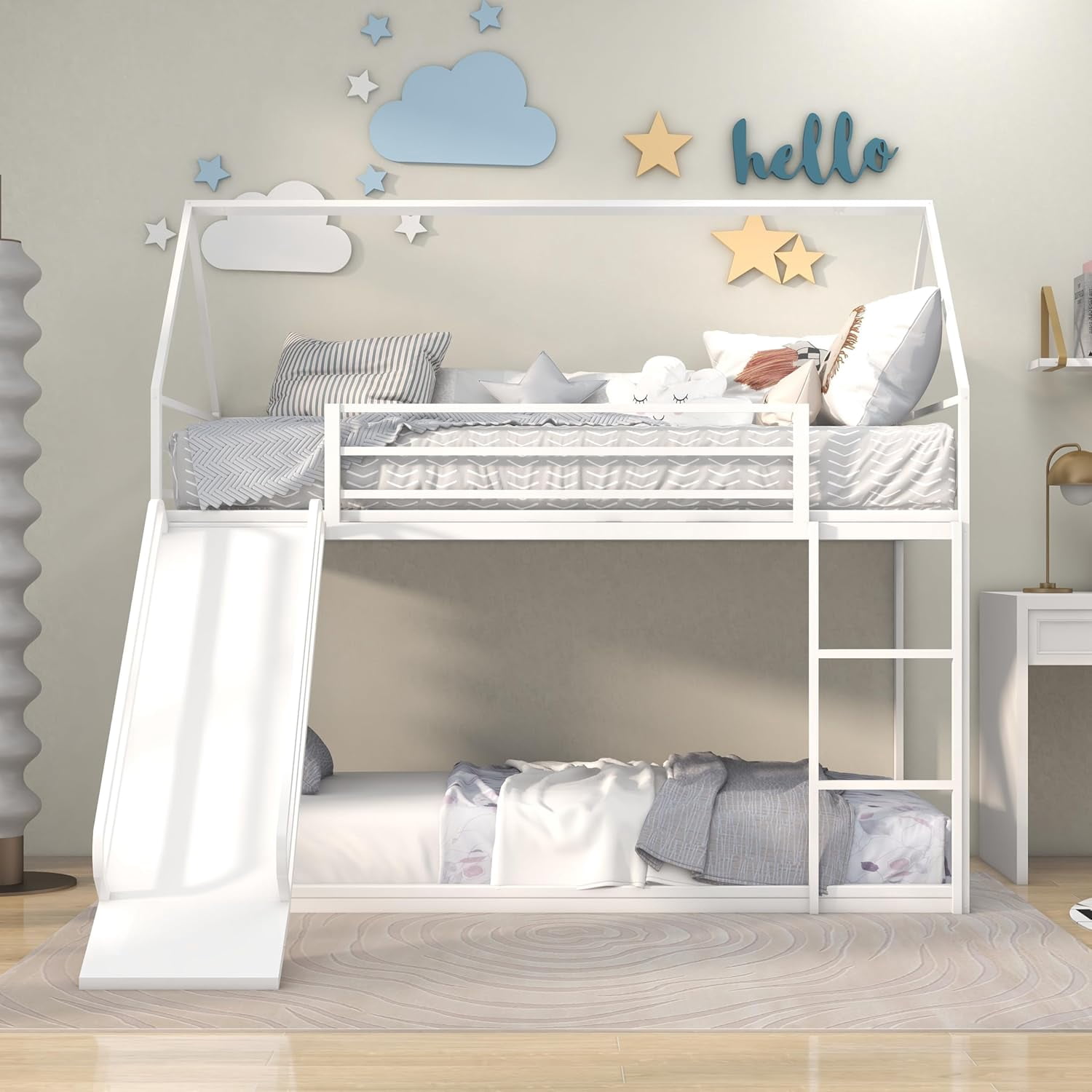 Twin Over Twin Low Bunk Bed with Convertible Ladder and Slider, House ...