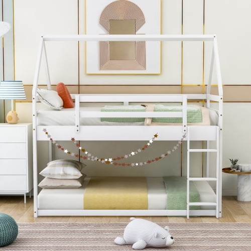 Twin over Twin Low Bunk Bed with House-Shaped Frame, Solid Pine Wood Construction with Ladder, Full-Length Guardrails, No Box Spring Needed, Space-Saving Design for Bedroom, Guest Room, White