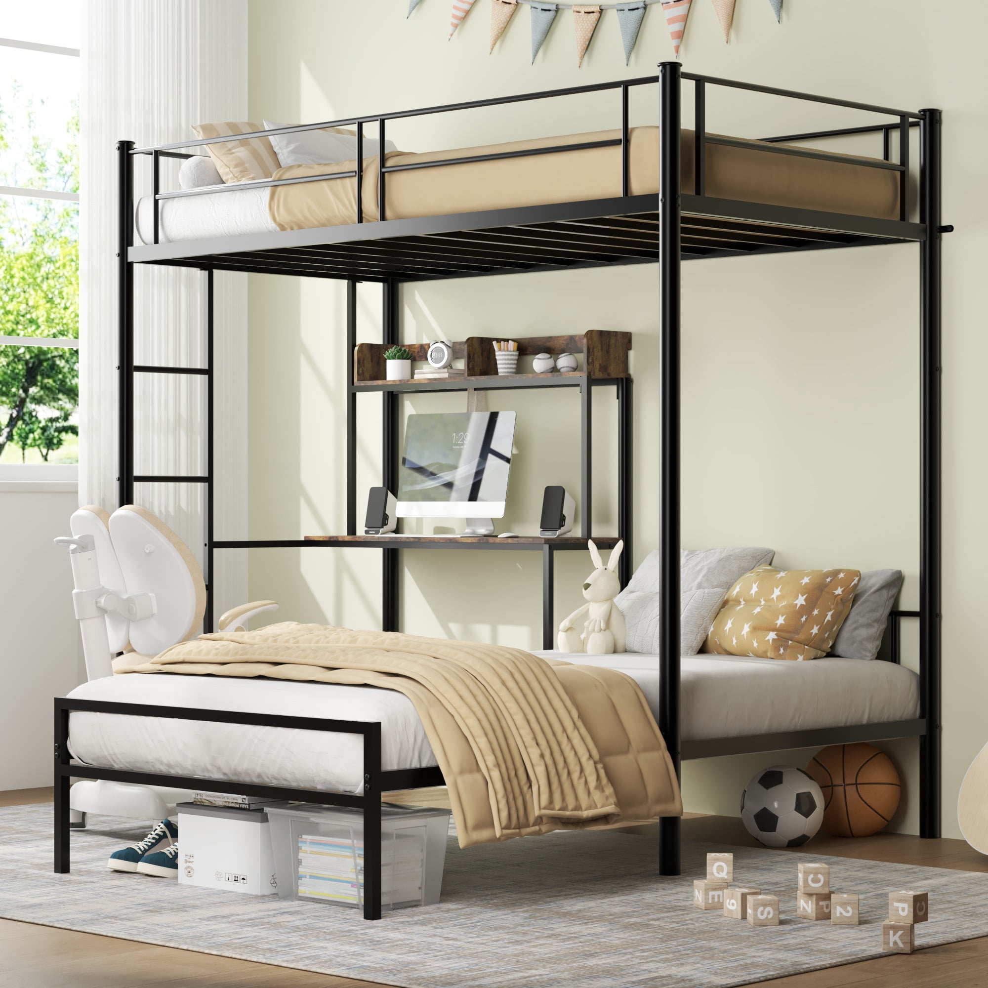 Twin Over Twin Metal Bunk Bed with Desk and Charging Station,L-Shaped Metal Bunk Bed with Safety Guardrail & Ladder,No Box Spring Neede,Space-Saving Bunk Beds,Black