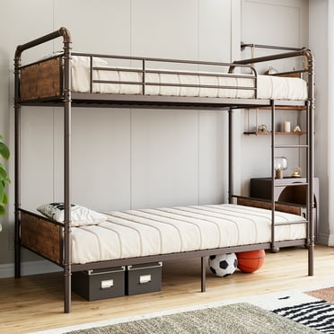 Twin Over Twin Metal Bunk Bed with High Guardrail and Ladder, Twin Size Convertible Metal Bunk Beds for Kids/Teens/Adults,Easy Assembly, No Box Spring Needed