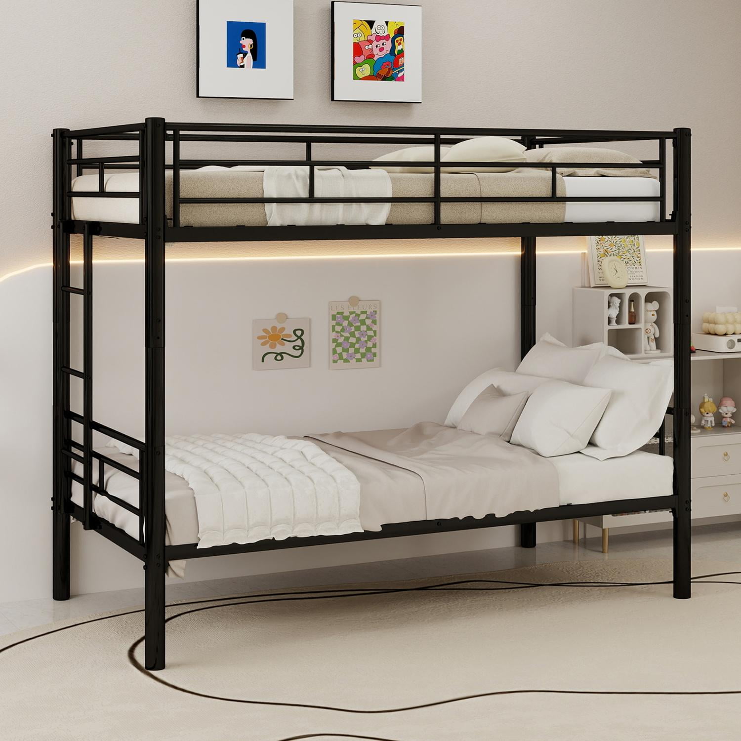 Twin Over Twin Metal Bunk Bed for Kids Boys Girls, Heavy Duty Steel Structure Bedframe with Ladders & Full Guardrail, Converts to 2 Separate Beds, No Box Spring Required, Black