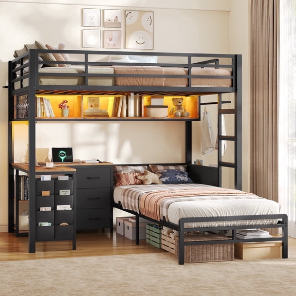 Twin Over Twin Metal Bunk Bed with L-Shaped Desk,2 Fabric Drawers, Side Ladder & Full Safety Guardrail, Space Saving Bunk Bed Frame with Open Shelves & Grid Wall,Black & Rustic Brown