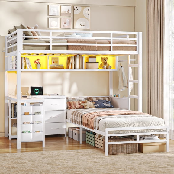 Twin Over Twin Metal Bunk Bed with L-Shaped Desk,2 Fabric Drawers, Side Ladder & Full Safety Guardrail, Space Saving Bunk Bed Frame with Open Shelves & Grid Wall,White