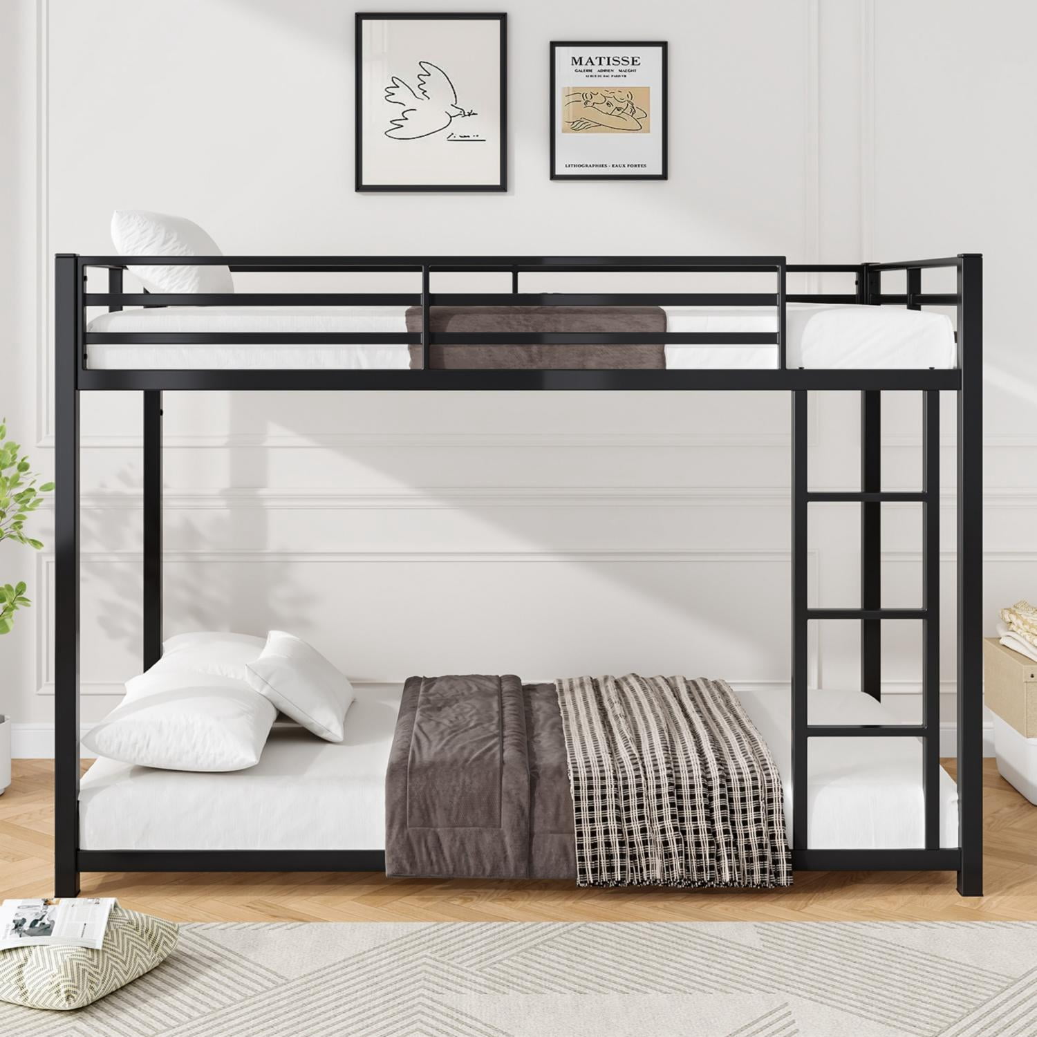 Twin Over Twin Metal Bunk Bed with Ladder, Low Profile Bunk Bed Frame, Sturdy Steel Construction with Full Length Guardrail for Bedroom, Guest Room, Black