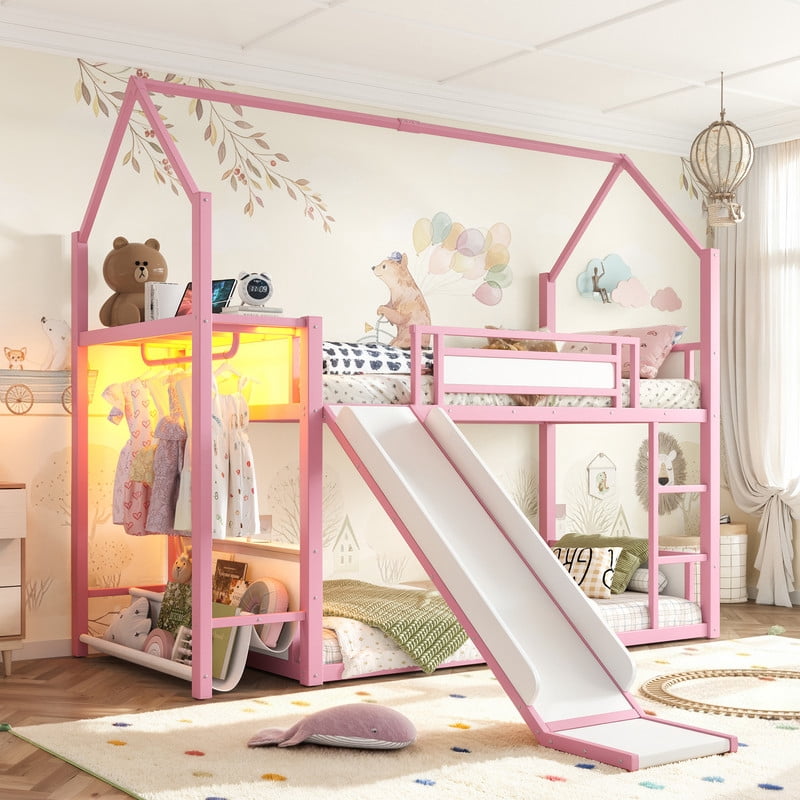 Twin Over Twin Metal Bunk Bed with Slide, LED Hanging Area, Fabric Storage Shelf, Power Outlet, House-Shaped Playhouse Frame, Safety Guardrails, Ladder, Low Profile Kids Bunk Bed