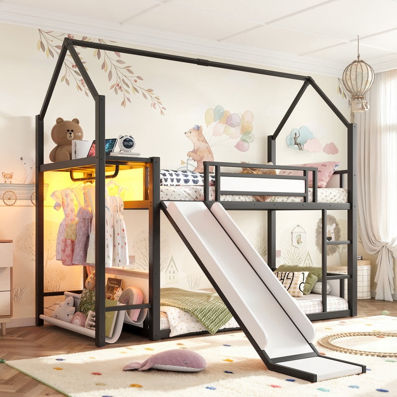 Twin Over Twin Metal Bunk Bed with Slide, LED Hanging Area, Fabric Storage Shelf, Power Outlet, House-Shaped Playhouse Frame, Safety Guardrails, Ladder, Low Profile Kids Bunk Bed