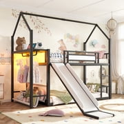 Twin Over Twin Metal Bunk Bed with Slide, LED Hanging Area, Fabric Storage Shelf, Power Outlet, House-Shaped Playhouse Frame, Safety Guardrails, Ladder, Low Profile Kids Bunk Bed