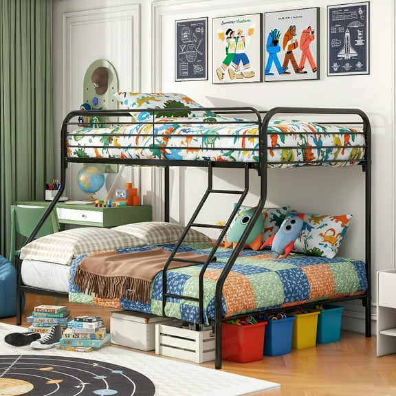 Twin Over Full Bunk Beds for Teens, LEGAHOME Heavy-Duty Metal Bunk Bed with Under-Bed Storage, 350lbs Capacity Space-Saving Bunkbeds Frame with Full-Length Guardrail, Black