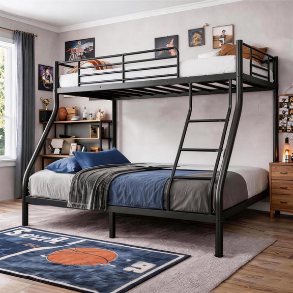 Twin Over Full Bunk Beds for Teens, LEGAHOME Heavy-Duty Metal Bunk Beds with Full-Length Guardrail, Space-Saving Bunk Beds, No Box Spring Needed, 300lbs Weight Capacity, Black