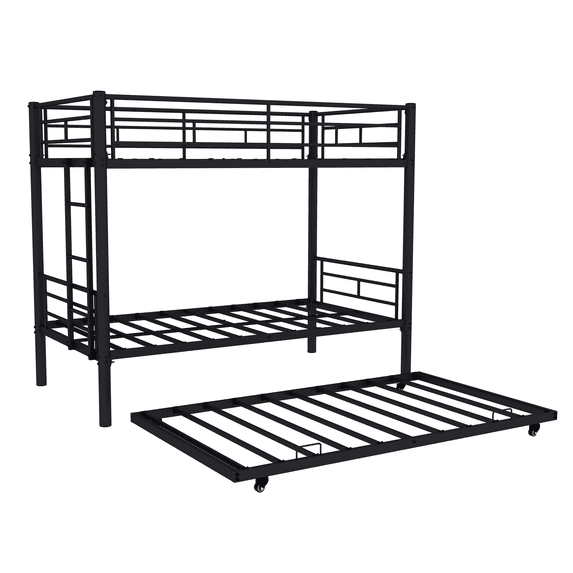 Twin over Twin Metal Bunk Bed with Trundle, Heavy-Duty Convertible Design, Noise-Reduced Safety Guardrails & Non-Slip Ladder, No Box Spring Needed, Black