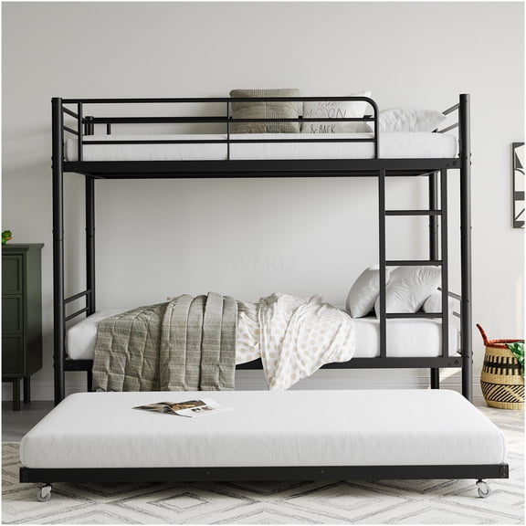 Twin over Twin Metal Bunk Bed with Trundle, Space Saving Bunk Bed Frame with Ladder & Guardrails, No Box Spring Needed, Sturdy Iron Loft Bed for Guest Room, Dorm, Apartment