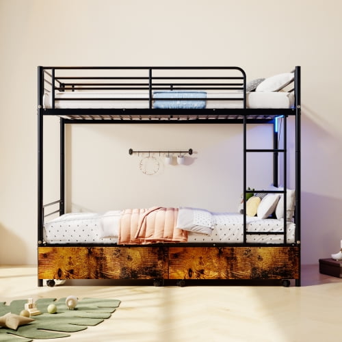 Twin Over Twin Metal Bunk Bed with USB Charging Station, Convertible Split into 2 Beds, Safety Guardrail and Ladder, No Box Spring Needed, Space-Saving for Bedroom, Black