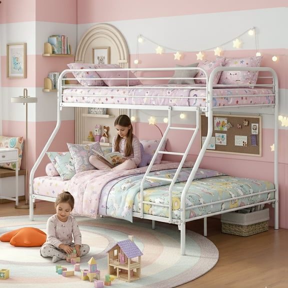 Twin Over Full Bunk Beds for Teens, LEGAHOME Heavy-Duty Metal Bunk Bed with Under-Bed Storage, 350lbs Capacity Space-Saving Bunkbeds Frame with Full-Length Guardrail, White