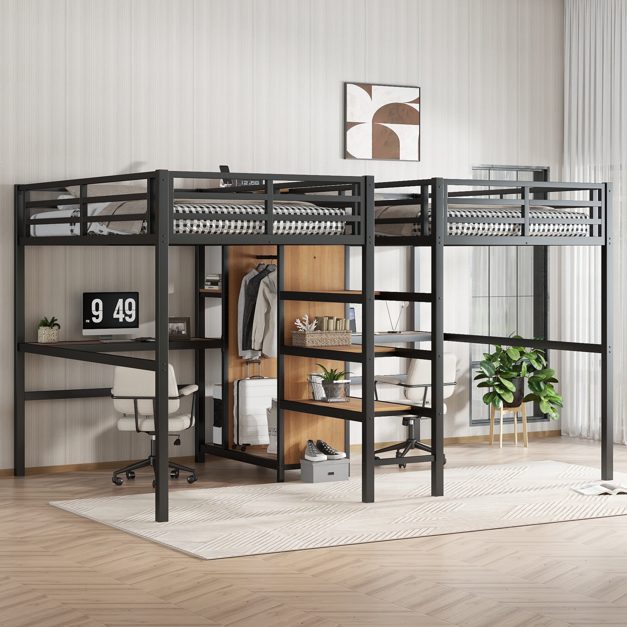 Twin Over Twin Metal Loft Bed with Double Desk, Wardrobe & Shelves ...