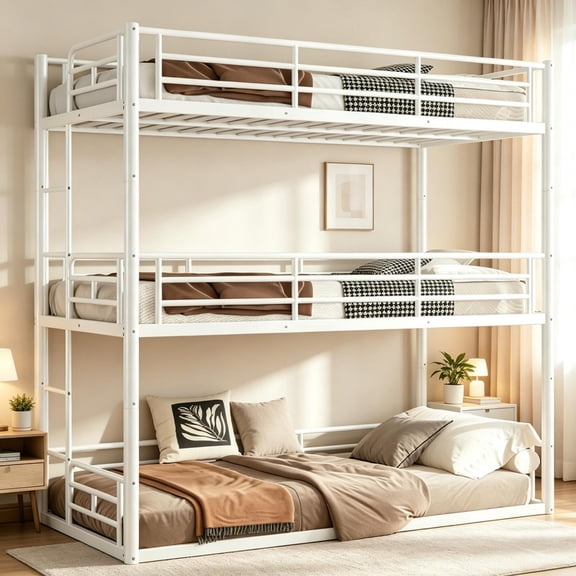 Twin Over Twin Metal Triple Bunk Bed, Heavy Duty Metal Bunk Beds for 3, Detachable 3 Bunk Beds Frame with Ladder & Full Length Guardrail, Metal Frame for Teens Adults, Noise-Reduced Design, White
