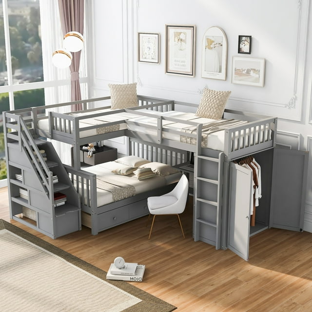 Twin-Twin Over Full L-Shaped Bunk Bed with 3 Drawers, Wardrobe and Storage Staircase, Solid Wood Bunk Bed with Portable Desk, Ladder and Full Length Guardrail for Kids Teens Adults Bedroom, Gray