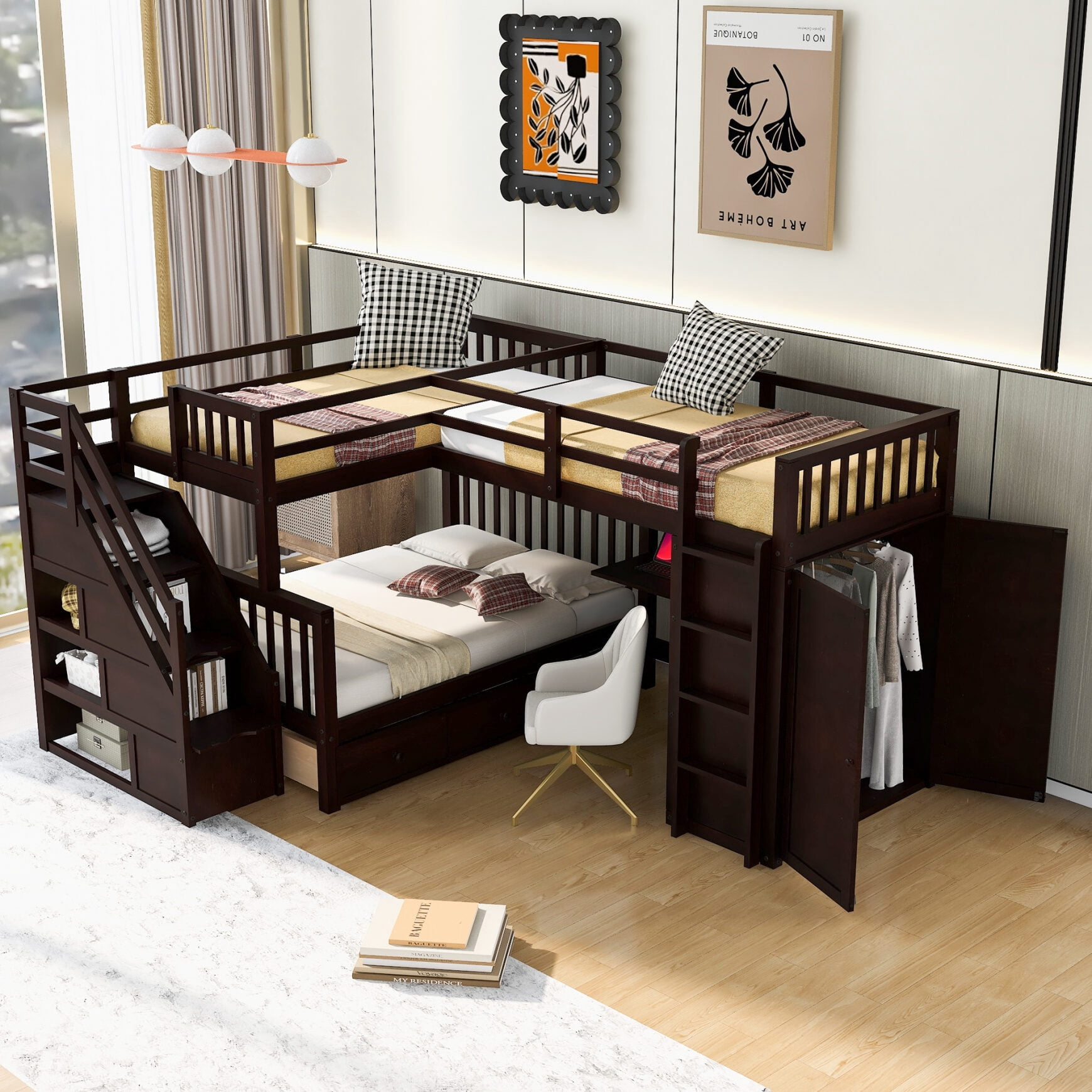 Twin-Twin Over Full L-Shaped Bunk Bed With 3 Drawers, Portable Desk and