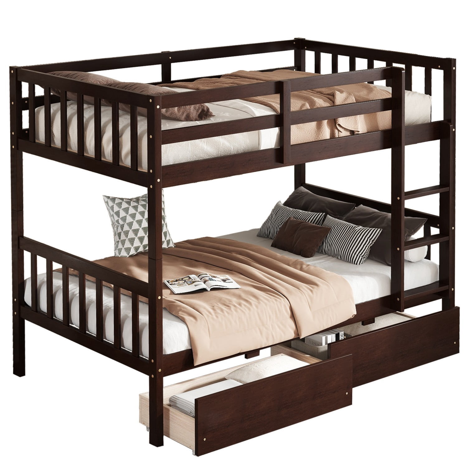 Twin Over Twin Rubber Wood Bunk Bed with Storage Drawers, Convertible Wood Bunk Bed Frame with Safety Guardrails and Ladder, Space Saving Kids Bed for Bedroom, Espresso