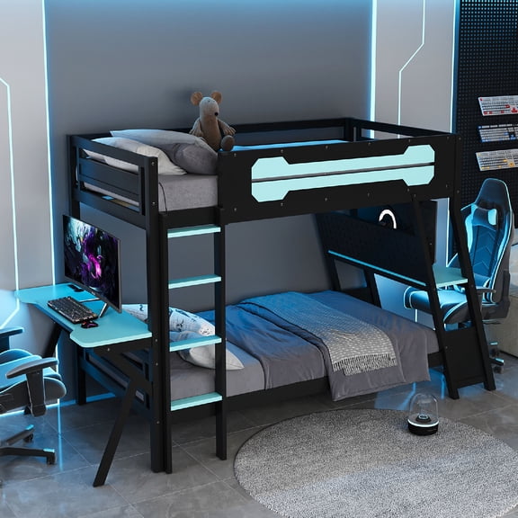Twin Over Twin Size Bunk Bed Frame with 2 Built-In Gaming Desks and 2 Power Outlet, Wooden Gaming Bunk Beds with Pegboard Organizer for Gamer for Bedroom, Apartment, Dorm, Mattress Not Included, Blue