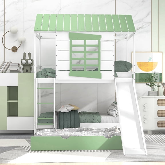Twin over Twin Size Bunk Bed Frame with Convertible Slide and Trundle, Wood House Bunk Bed with Safety Guardrails and Ladde for Bedroom, Apartment, Mattress not included,No Box Spring Required, White