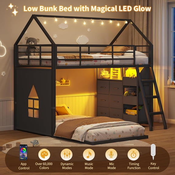 Twin Over Twin Size Bunk Bed Frame with LED Lights, House Shaped Low Bunk Beds with 6 Storage Drawers and 3 Open Bins, Metal Floor Twin Bunk Bed with Safety Guardrail & Ladder, Black