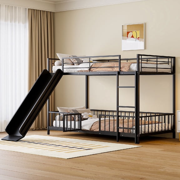 Twin over Twin Size Bunk Bed Frame with Slide, Modern Wood Bunk Bed with Raised Security Fence and Ladder for Bedroom,Apartment,Mattress Not Included, No Box Spring Required, Black