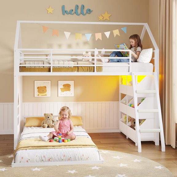 Twin Over Twin Size Low Bunk Bed with 6 Open Sliding Drawers,L-Shaped Bunk Bed with LED Light,Floor Bunk Bed with 13.4''Safety Guardrail & Ladder,House Bed Frame with Privacy curtain,White