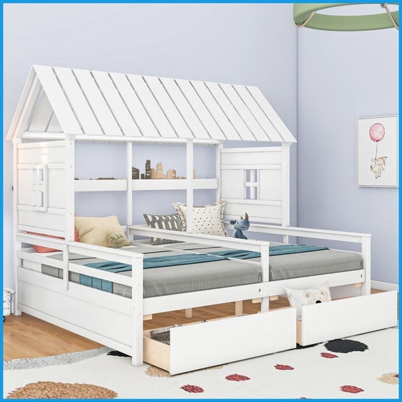 Twin Twin Size Pine Wood Platform Bed with 2 Drawers No Box Spring White Shared Bedroom