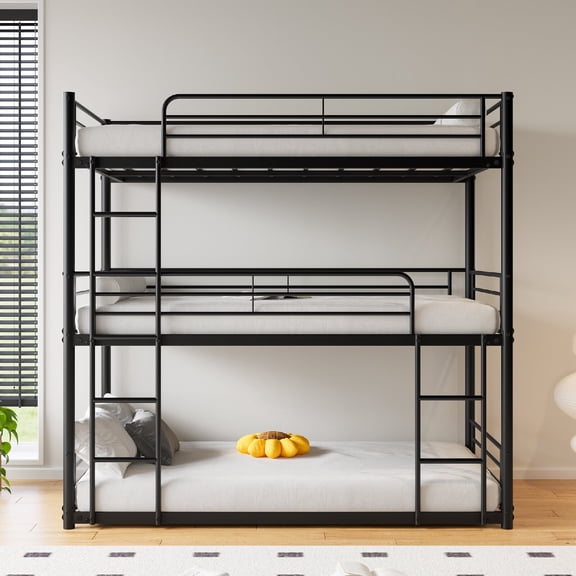Twin Over Twin Over Twin Bunk Bed Frame with Ladder, Heavy Duty Metal Triple Bunk Bed with Safety Guard Rails for Bedroom, Dorm, Apartment, No Box Spring Needed, Mattress Not Included, Black