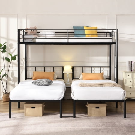 Twin Over Twin Over Twin Bunk Bed ,Triple Bunk Bed With a vertical ladder, Metal Frame Bunk Bed with Safety Rail, Twin Over Twin Over Twin Triple Bunk