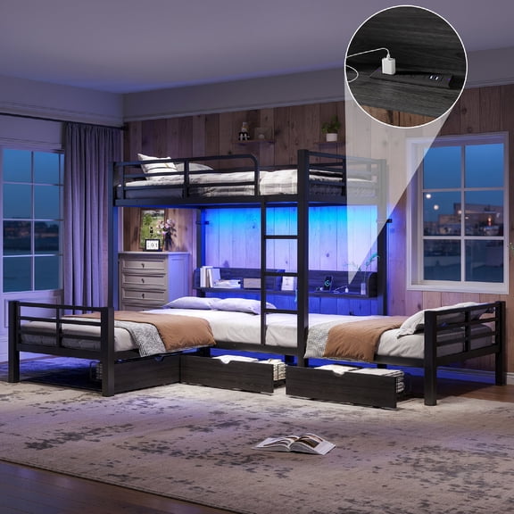 Twin over Twin & Twin Loft Bed Frame with Led Lights and USb Ports, Metal Triple LShaped Loft Bed with Storage Shelves and Drawers for Bedroom, Apartment, Dorm,Mattress Not Included, Black