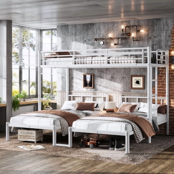 Twin over Twin & Twin Metal Triple Bunk Bed, Detachable into 3 Separate Twin Beds, Space-Saving L-Shape Design, Safety Guardrails, No Box Spring Needed, White