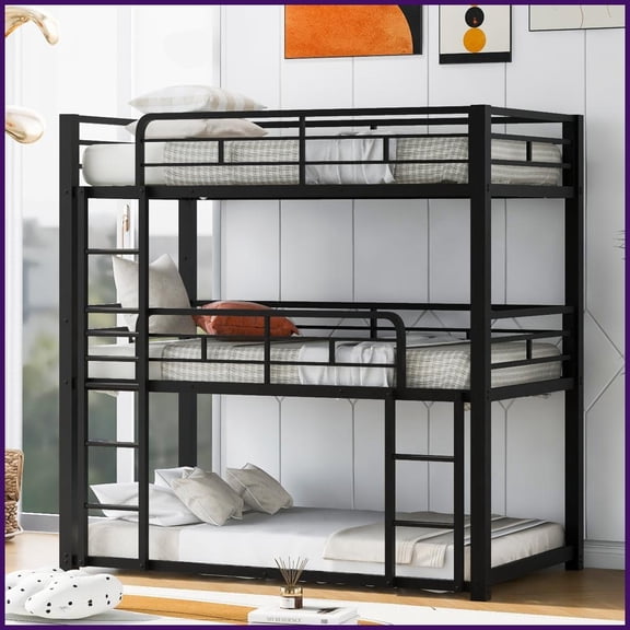 Twin/Twin/Twin Size Metal Triple Bunk Bed - No Box Spring Needed, Black for Small Spaces