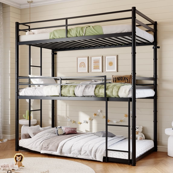 Twin Over Twin Over Twin Triple Bunk Bed Frame, Heavy Duty Detachable Bunk Beds for 3, Metal 3 Bunk Beds with 2 Ladder & Guardrail for Teens Adults (Black)