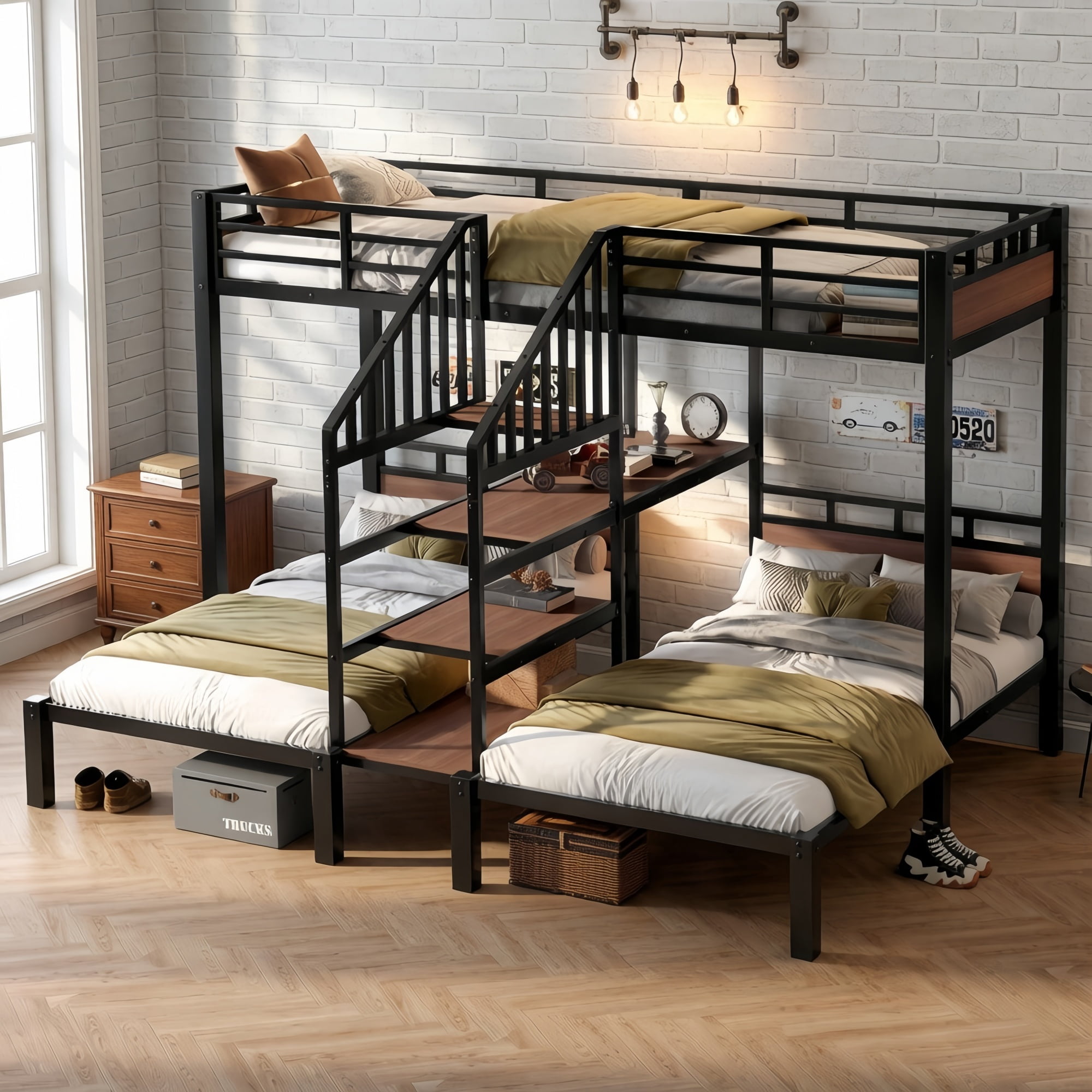 Twin/Twin/Twin Triple Bunk Bed, Kids/Teens Metal Bed Frame with Multi-functional Storage Stairs, Accent Two-Tone Platform Bed