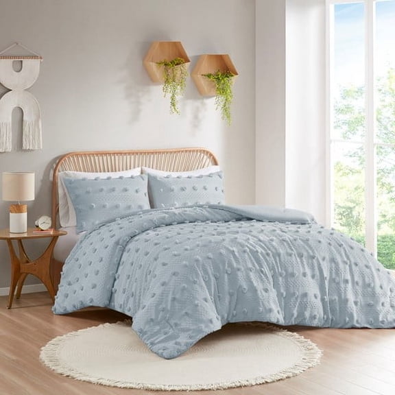 Twin/Twin XL Clip Jacquard Comforter Set, Light Blue Pom Pom Textured Bedding with Pillow Sham, All Season
