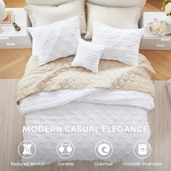 Twin/Twin XL Comforter Set for College Ogee Ruched Crinkle Texture Breathable Comforter Set Twin Dorm All Season Lightweight Bedding Set Shabby Chic Décor Pilow White 3 Piece