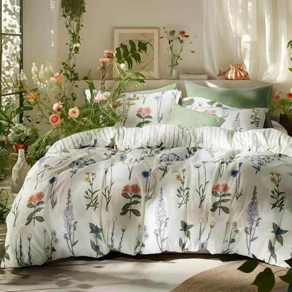 Twin/Twin XL Comforter Set - Twin Extra Long Comforter Set, Cute Floral Dorm Bedding, 2 Pieces, 1 Soft Reversible Coconut White Botanical Flowers Comforter and 1 Pillow Sham