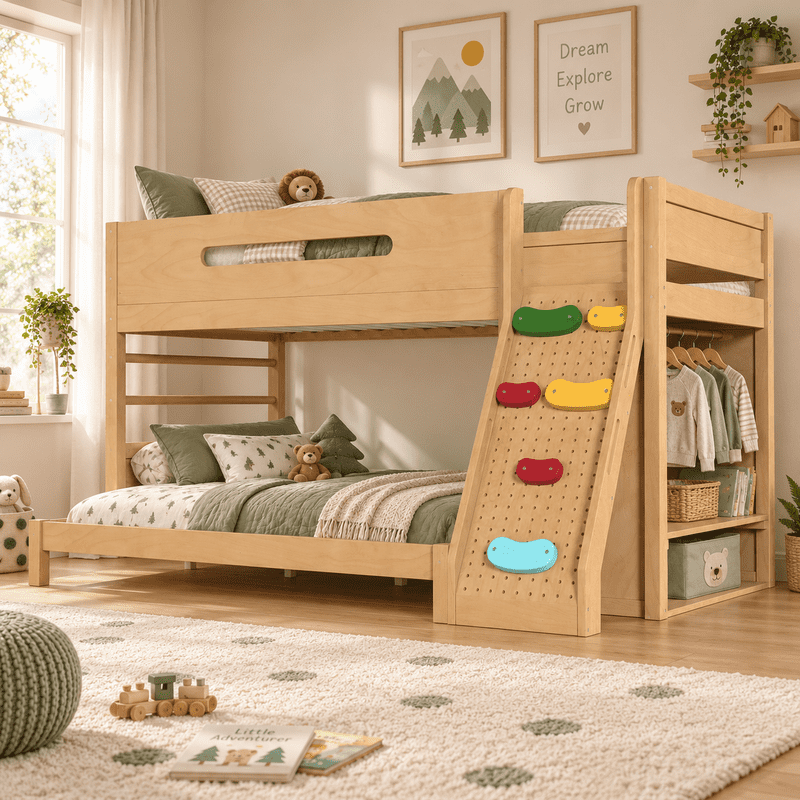 Twin/Twin XL Over Full Bunk Bed with Built-in Wardrobe, Storage Shelves, Rock Climbing Wall, Solid Wood Bunk Bed Fram with Full-Length Guardrails, No Box Spring Needed