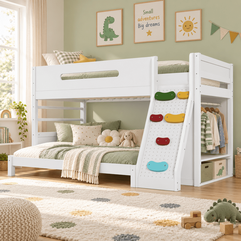 Twin/Twin XL Over Full Bunk Bed with Built-in Wardrobe, Storage Shelves, Rock Climbing Wall, Solid Wood Bunk Bed Fram with Full-Length Guardrails, No Box Spring Needed