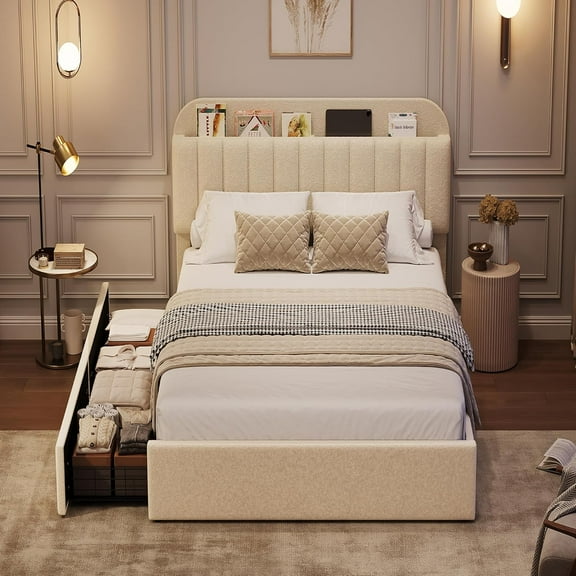 Twin/Twin XL/Full/Queen Size Bed Frame with Storage Headboard and 2 Drawers, Girls Bed Frame with Boucle Upholstered Platform, Built-in Bookcase, No Box Spring Needed, Easy Assembly, Durable
