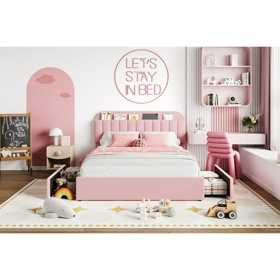 Twin/Twin XL/Full/Queen Size Bed Frame with Storage Headboard and 2 Drawers, Girls Bed Frame with Boucle Upholstered Platform, Built-in Bookcase, No Box Spring Needed, Easy Assembly, Durable