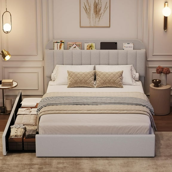 Twin/Twin XL/Full/Queen Size Bed Frame with Storage Headboard, Girls Bed Frame with 2 Drawers, Boucle Upholstered Platform Bed with Bookcase, No Box Spring Needed, Easy Assembly