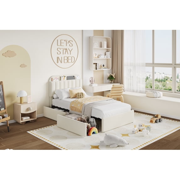 Twin/Twin XL/Full/Queen Size Bed Frame with Storage Headboard, Girls Bed Frame with 2 Drawers, Boucle Upholstered Platform Bed with Bookcase, No Box Spring Needed, Easy Assembly