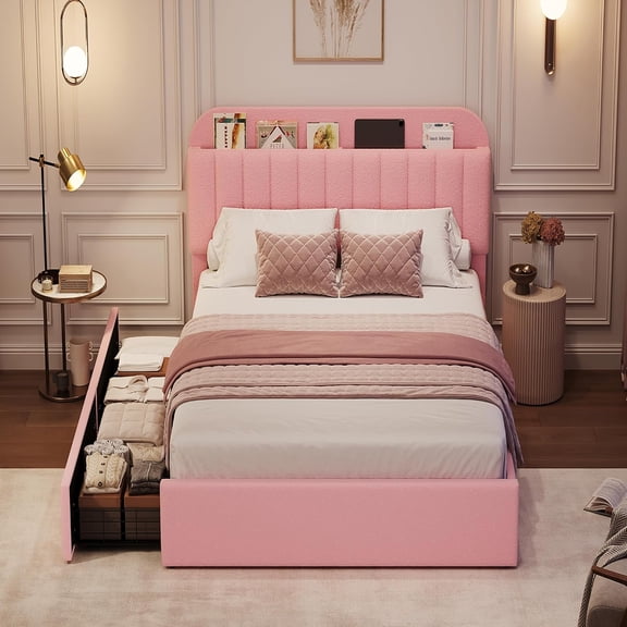 Twin/Twin XL/Full/Queen Size Bed Frame with Storage Headboard, Girls Bed Frame with 2 Drawers, Boucle Upholstered Platform Bed with Bookcase, No Box Spring Needed, Easy Assembly