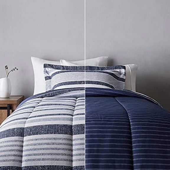 Twin/Twin XL Size Comforter Sets, Ultra-Soft Lightweight Microfiber Reversible 2-Piece Bedding, Blue Denim/Beige Stripes, Striped