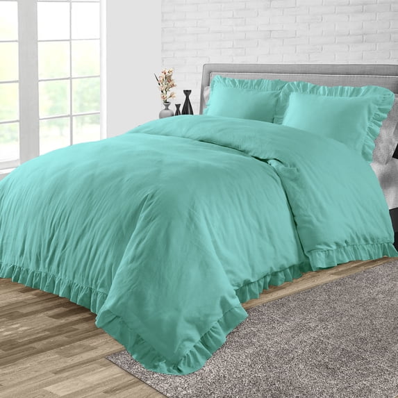 Twin/Twin XL Size Egyptian Cotton 1000 Thread Count Duvet Cover Trimmed Ruffle Ultra Soft & Breathable 3 Piece Luxury Soft Wrinkle Free Cooling Sheet (1 Duvet Cover with 2 Pillowcases, Aqua Green)