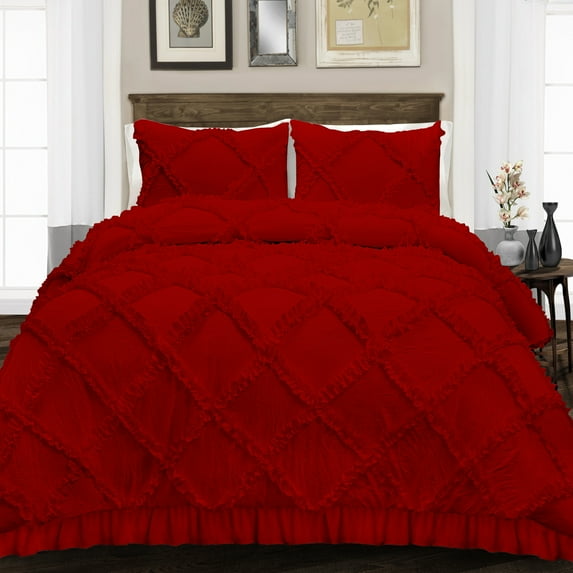 Twin/Twin XL Size Microfiber Duvet Cover Diamond Ruffle Ultra Soft & Breathable 3 Piece Luxury Soft Wrinkle Free Cooling Sheet (1 Duvet Cover with 2 Pillowcases, Blood Red)