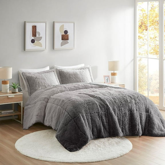 Twin/Twin Xl Ombre Shaggy Faux Fur Comforter Set - Grey, Ultra Plush Reversible Bedding with Sham, Hypoallergenic & Dustproof
